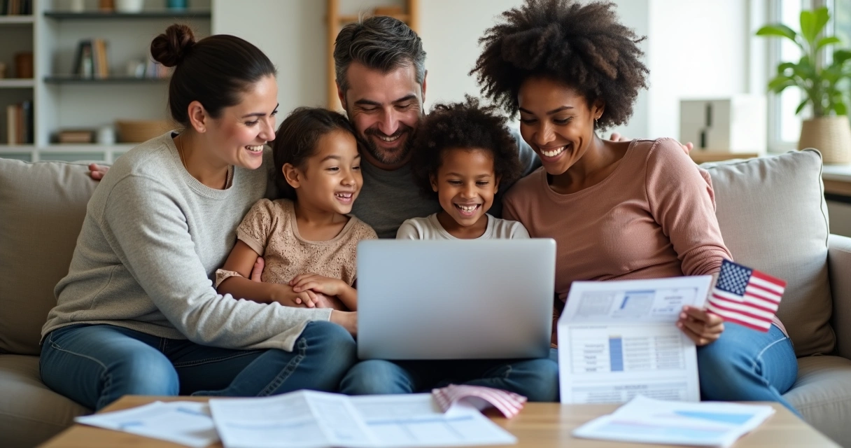 Família sentada na sala com notebook planejando mudança para os EUA