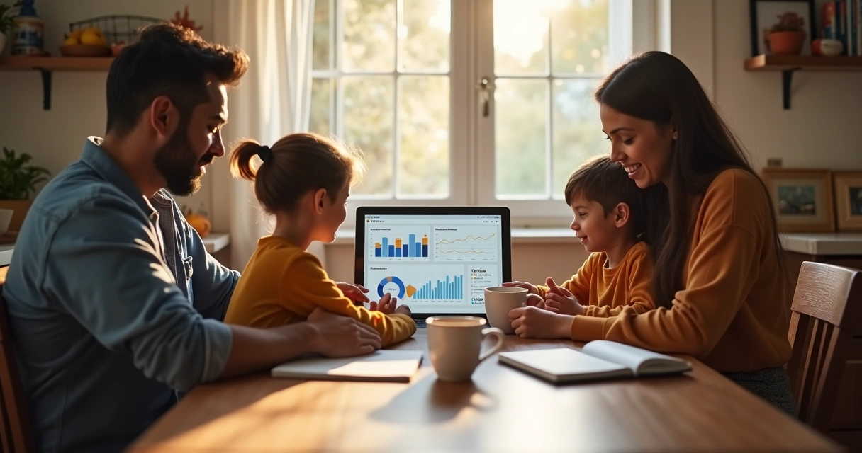 Família analisando finanças e open banking em tablet na mesa da sala 