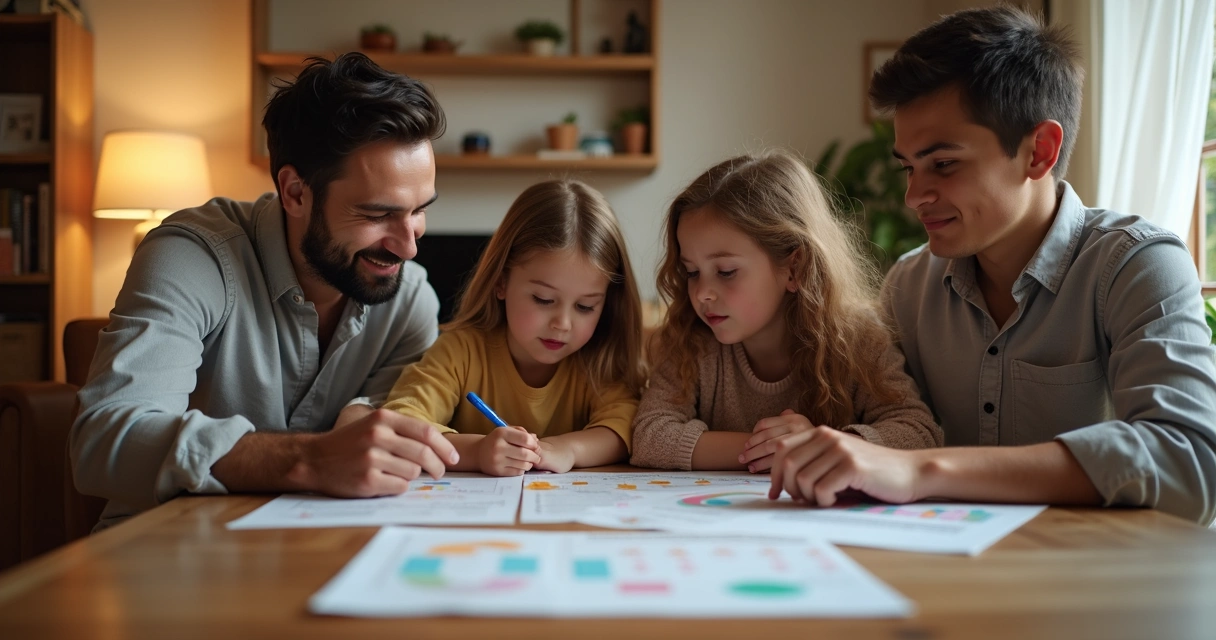 Família reunida planejando o orçamento 