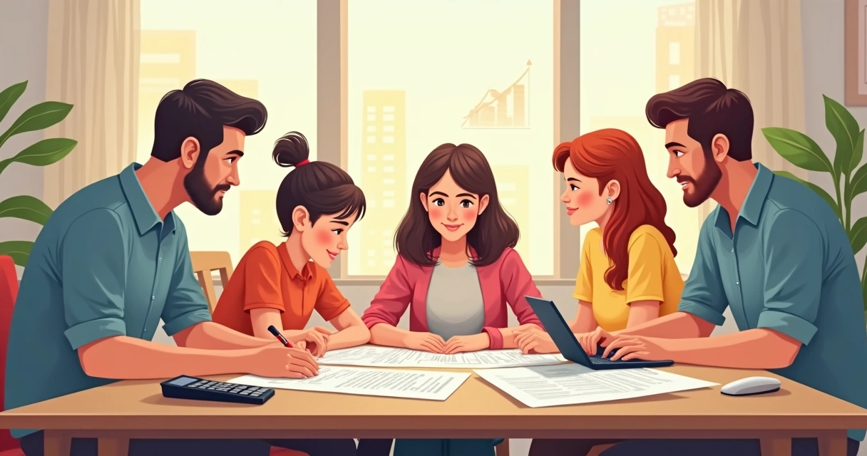 Família reunida planejando patrimônio em mesa com documentos 