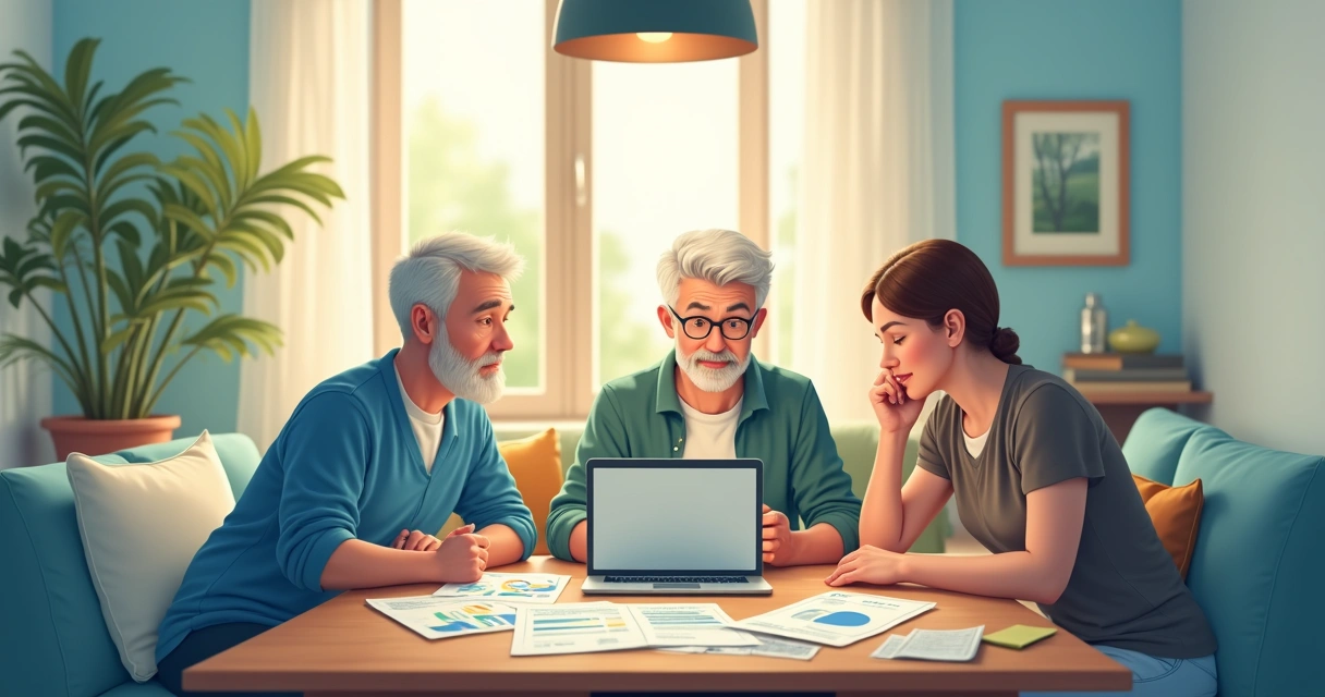 Familia sentada ao redor de uma mesa discutindo planejamento financeiro. 