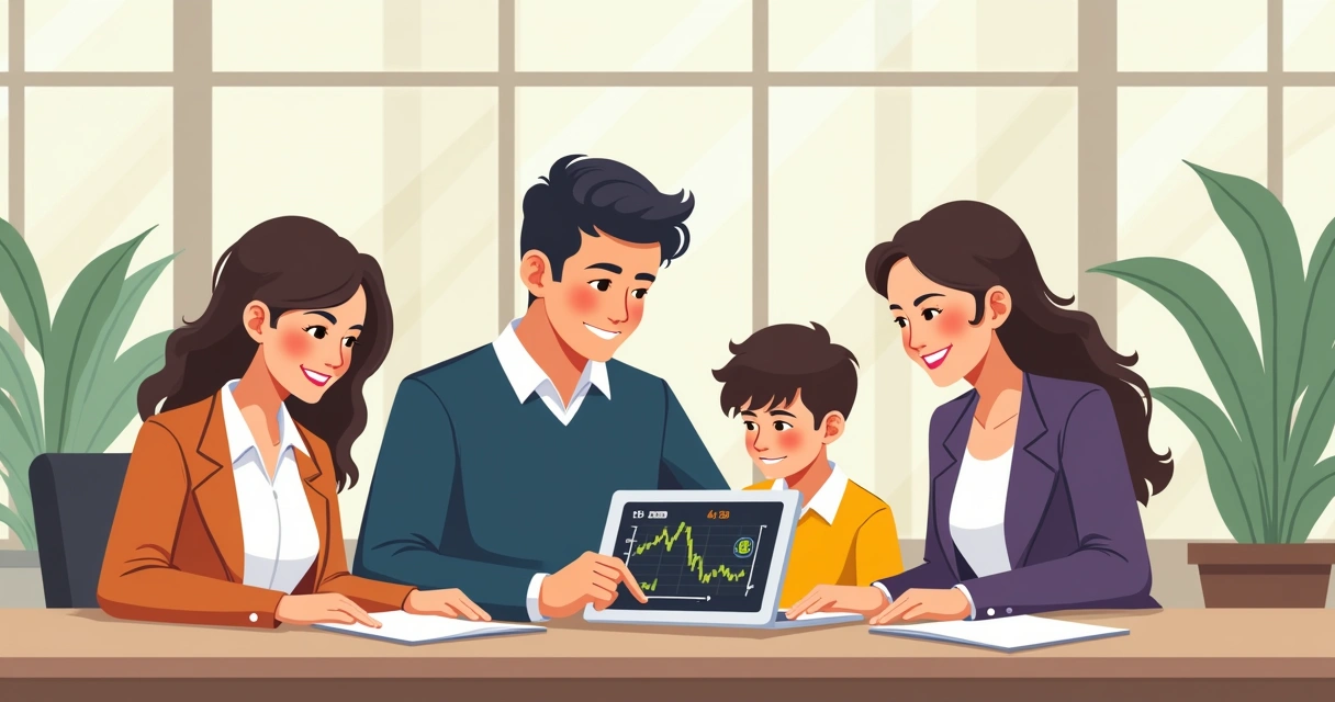Família planejando futuro com gráfico no tablet 