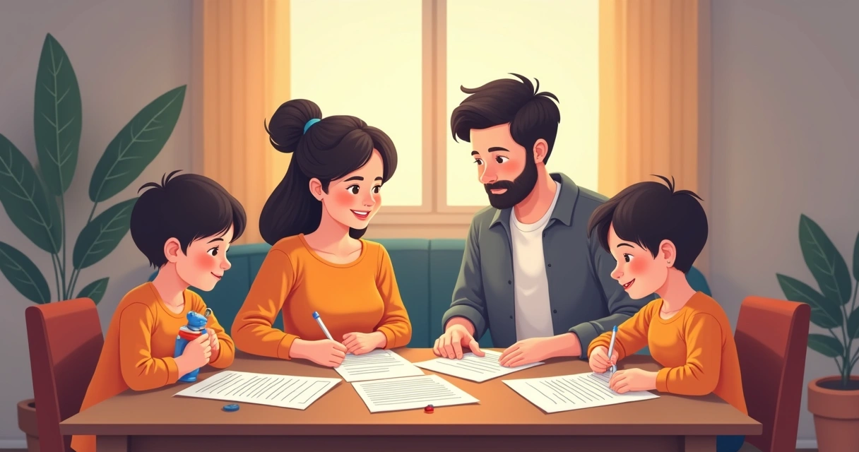 Família reunida analisando documentos de seguro 