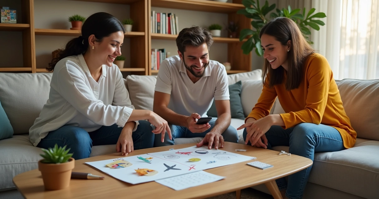 Família brasileira de classe média alta sorrindo enquanto alinha sonhos financeiros em sala de estar moderna 