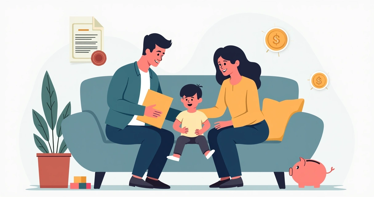 Família planejando o futuro das crianças no sofá 