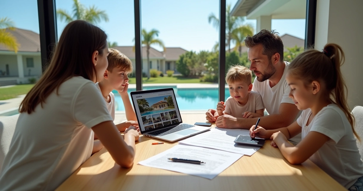 Família brasileira analisando contrato de aluguel de casa em Orlando no notebook 