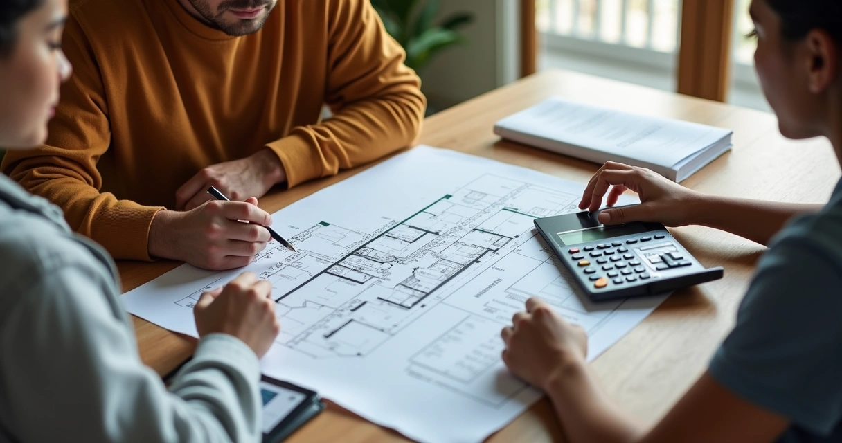 Família sentada à mesa analisando planilha de financiamento com plantas de construção e tablet 