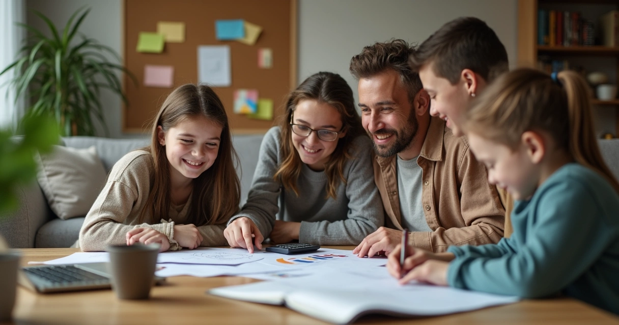 Família reunida conversando e anotando planejamento de gastos 
