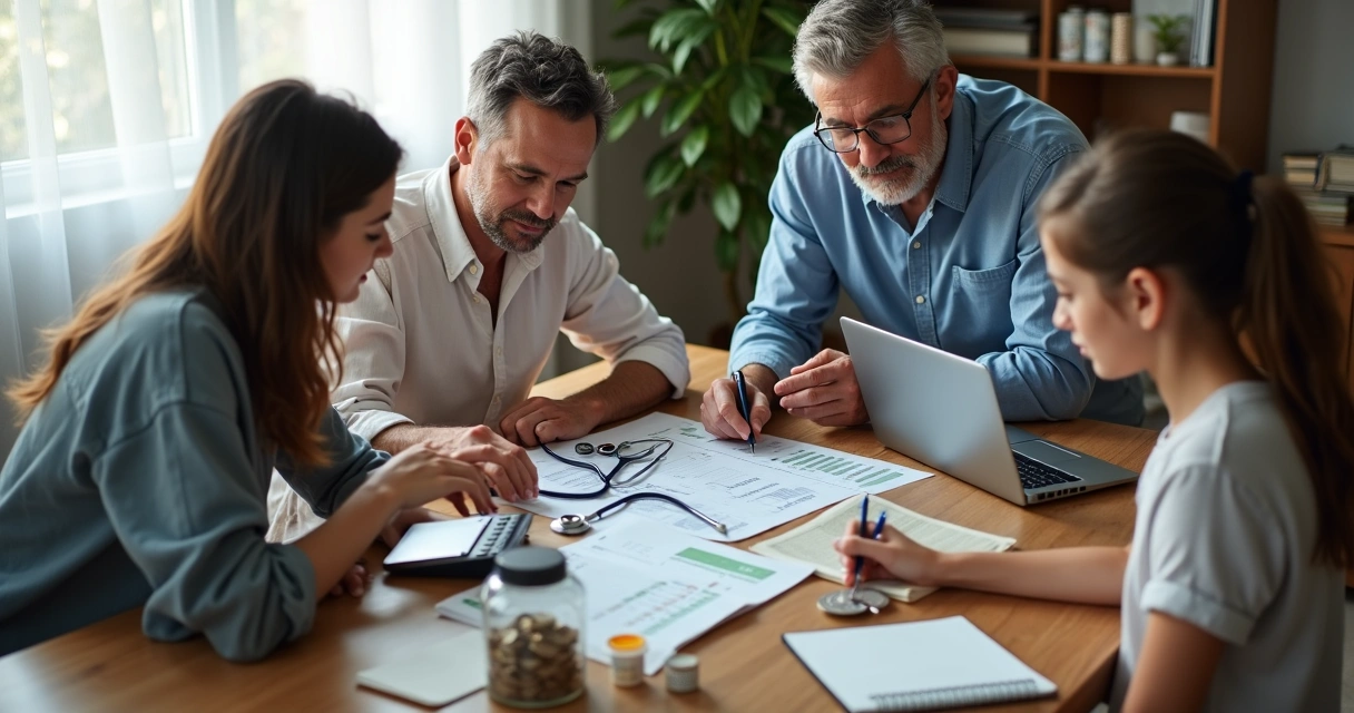 Família reunida à mesa organizando despesas médicas com calculadora e documentos 