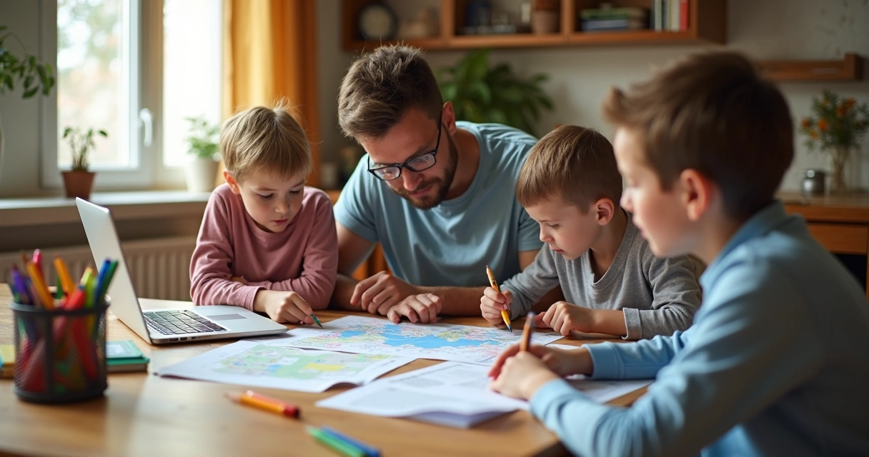 Família reunida analisando documentos e mapas na mesa 
