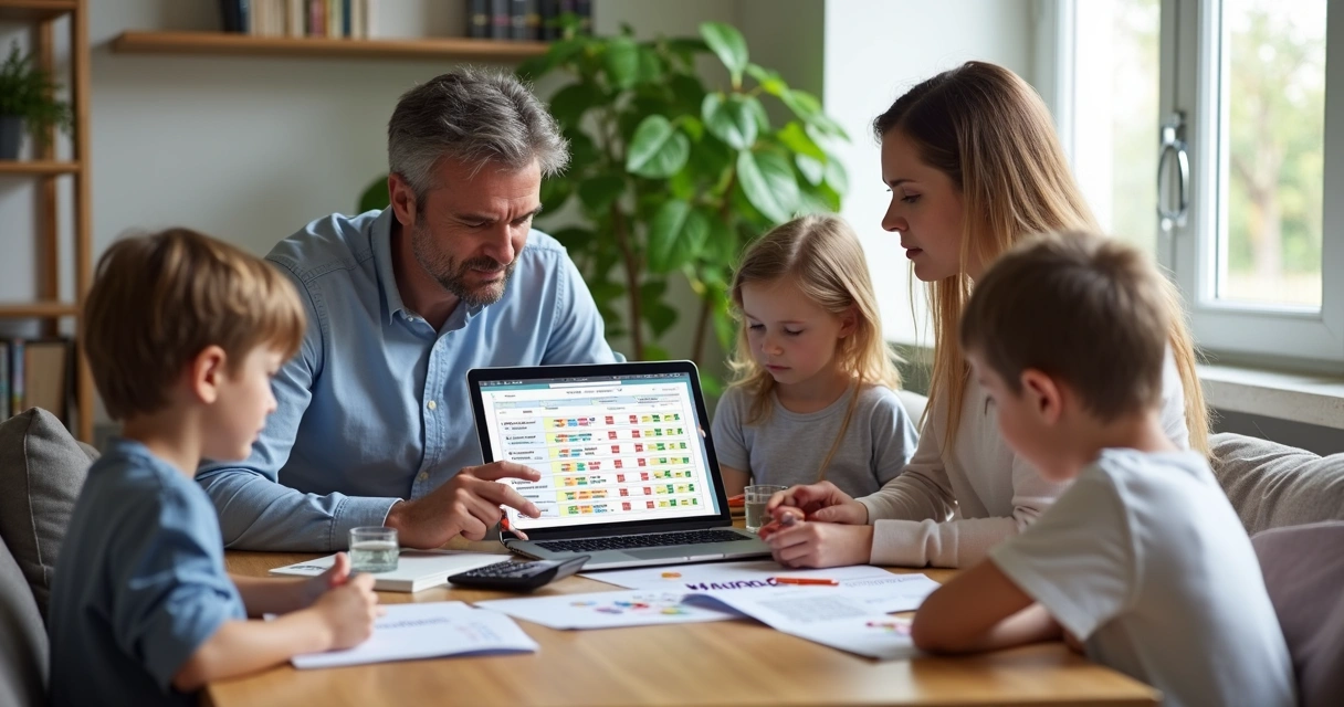 Família sentada à mesa, analisando planilhas e informações escolares 