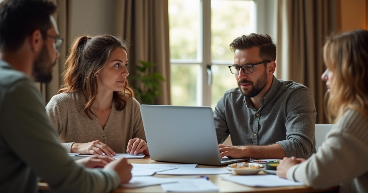 Família reunida em volta da mesa, analisando documentos financeiros e usando um laptop 