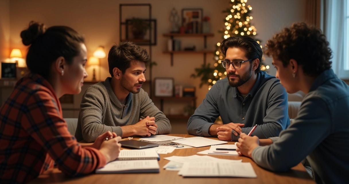 Família organizando finanças em casa com papéis na mesa 