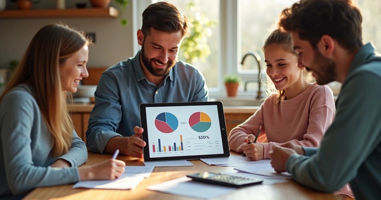 Família sentada à mesa analisando juntos contas e metas financeiras
