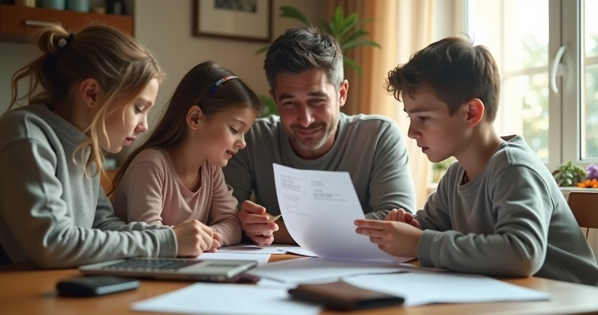Família reunida ao redor de uma mesa analisando o orçamento 