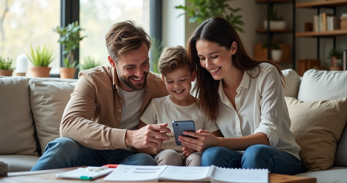Família sentada planejando finanças com aplicativo no celular