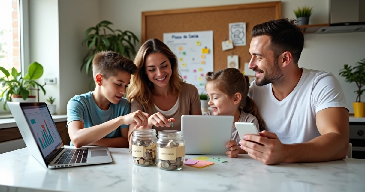 Família reunida na cozinha organizando planejamento financeiro na mesa 
