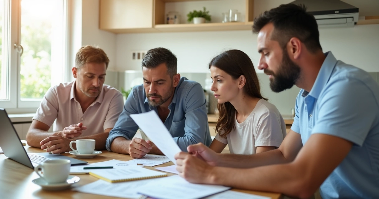 Família sentada à mesa planejando finanças com papéis e computador 
