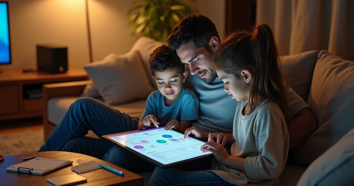 Família em sofá organizando finanças juntas em tablet com gráficos coloridos 