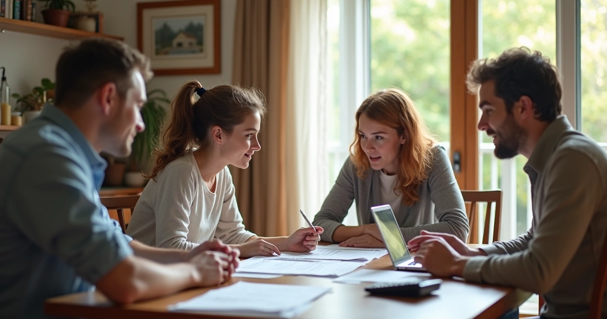 Família conversando sobre planejamento financeiro em casa. 