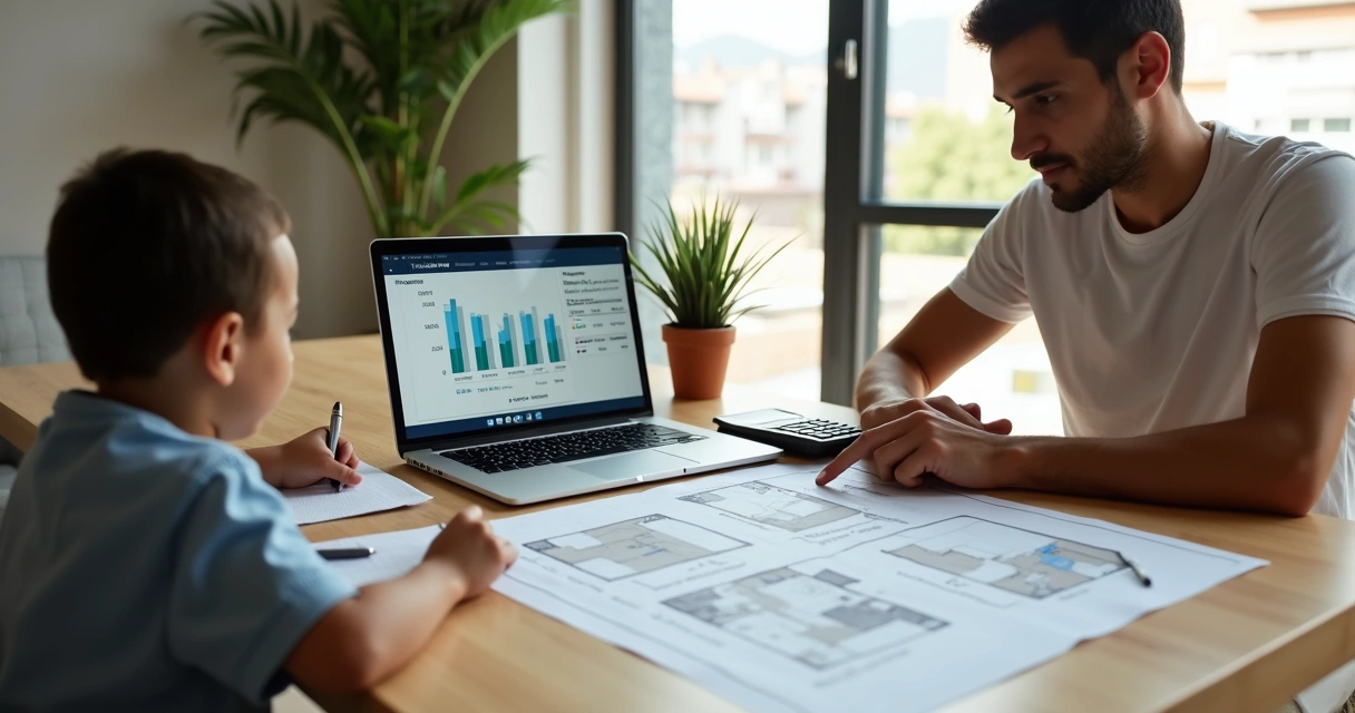 Família analisando financiamento imobiliário com planta da casa e calculadora sobre a mesa 