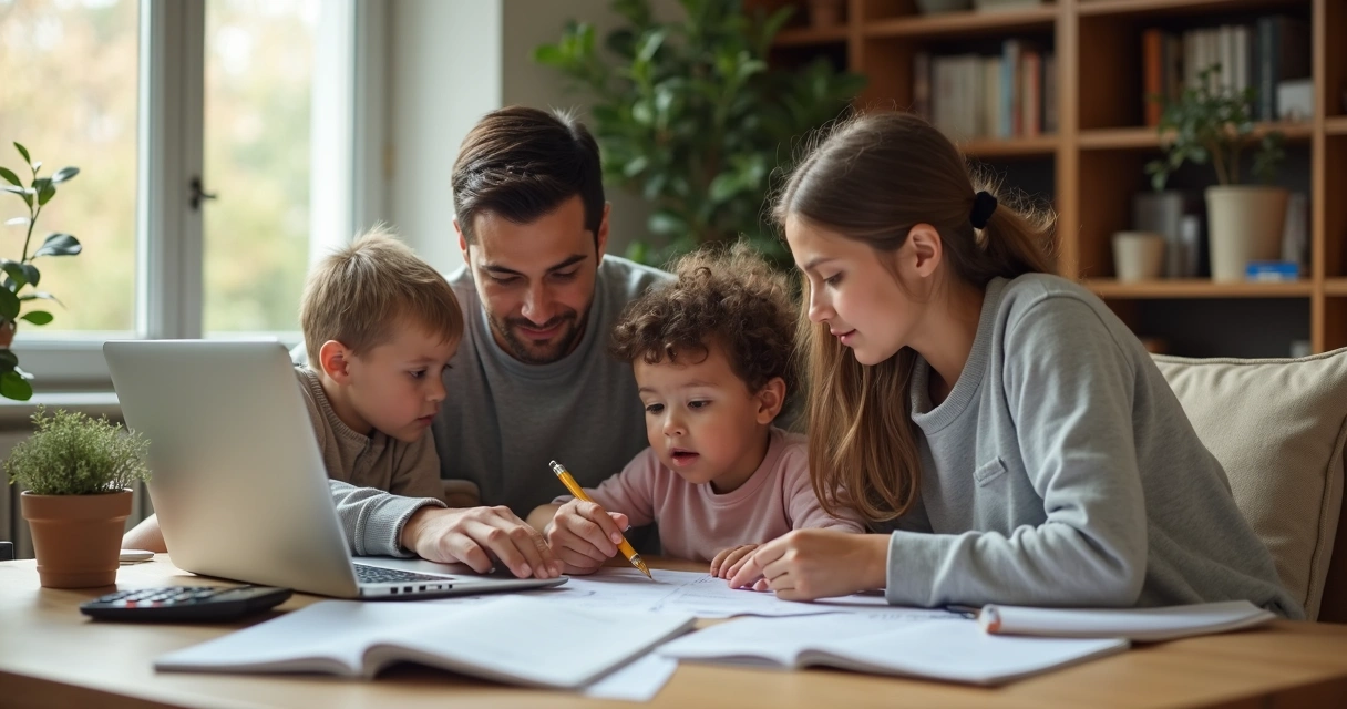Família reunida em sala de estar planejando finanças para fundo de emergência da saúde 