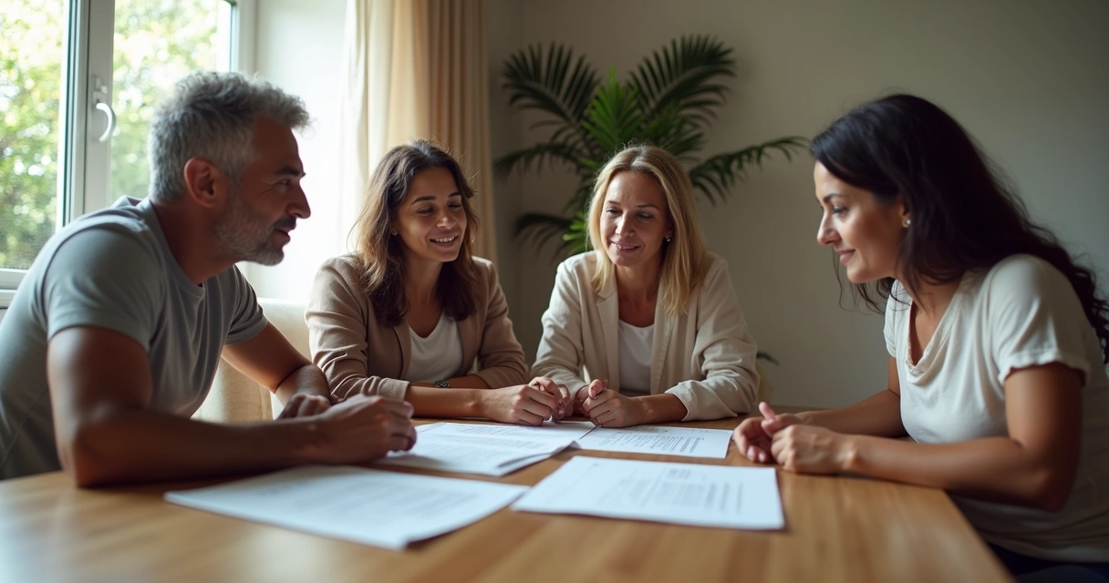 Família de diferentes gerações reunida à mesa revisando papéis juntos 