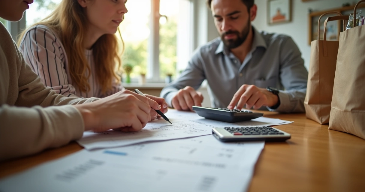 Família revisando orçamento com compras e calculadora na mesa