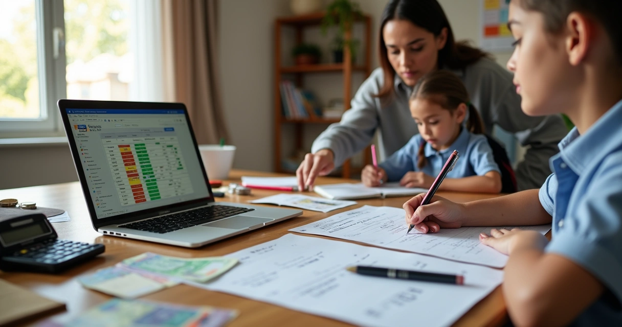 Família organizando despesas escolares com materiais e planilha de orçamento 