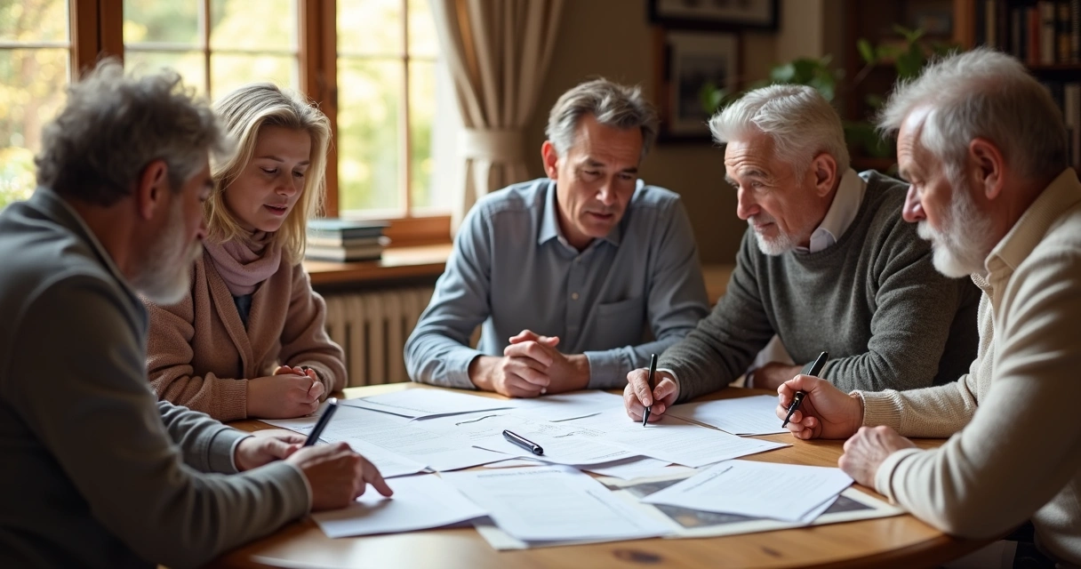 Família em uma mesa analisando papéis sobre patrimônio 