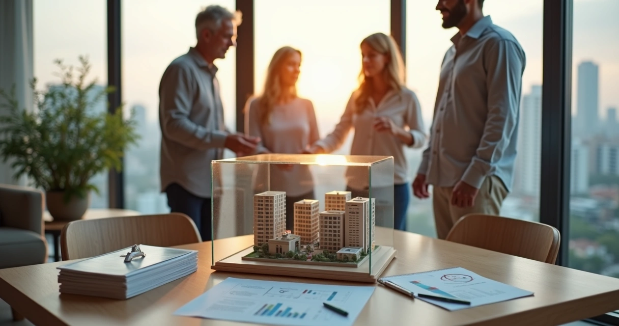 Família em sala moderna observando maquete de prédio dentro de cofre de vidro 