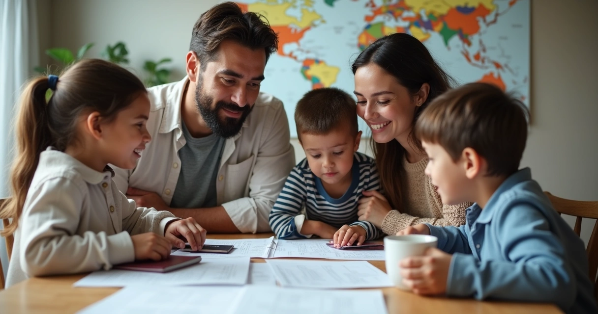 Família reunida em volta de uma mesa revisando documentos de imigração 