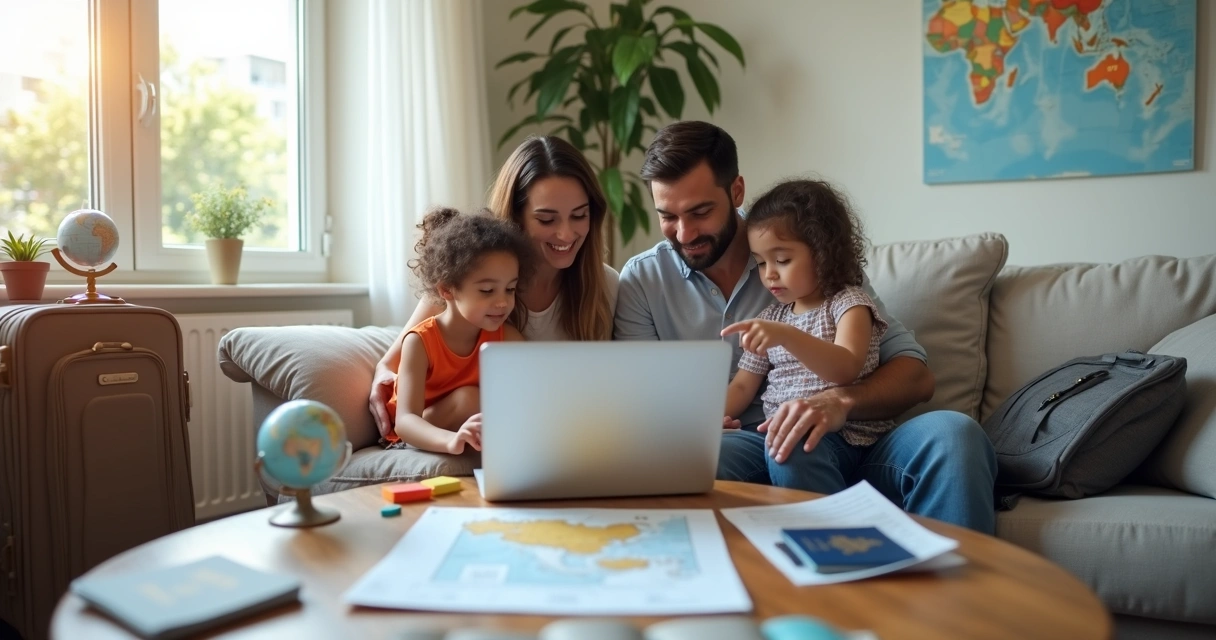 Família com filhos planejando mudança internacional na sala de casa 