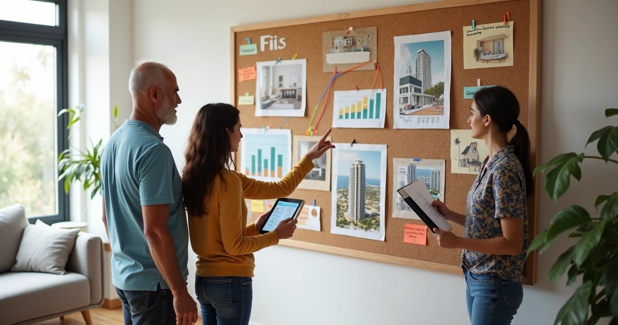 Família apontando para mural com prédios e metas de investimento imobiliário 