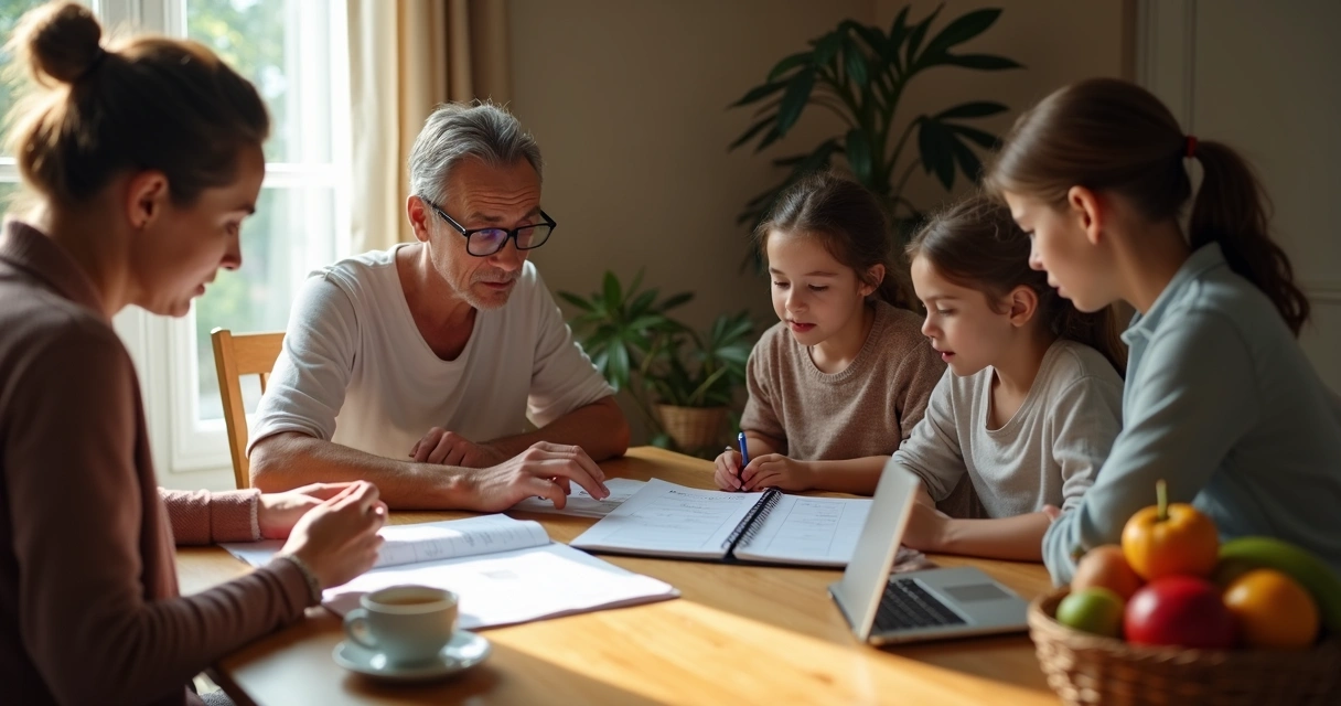 Família reunida ao redor da mesa analisando documentos com expressão colaborativa 