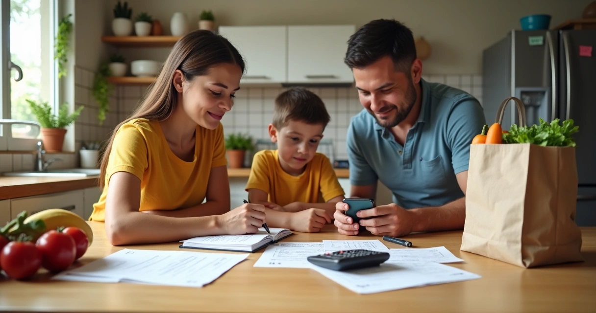 Família brasileira organizando lista de compras e economizando no mercado 