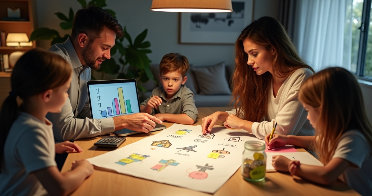 Família reunida planejando metas financeiras em uma mesa com papel e calculadora 