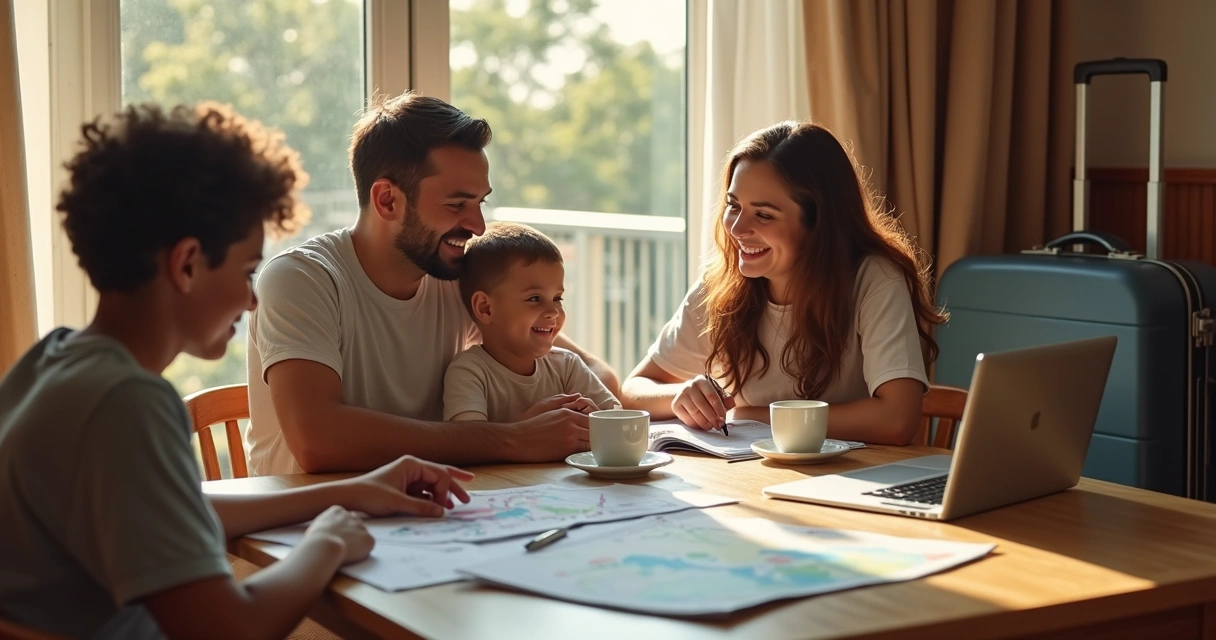 Família reunida ao redor de uma mesa com passaportes, planos de viagem e computador 