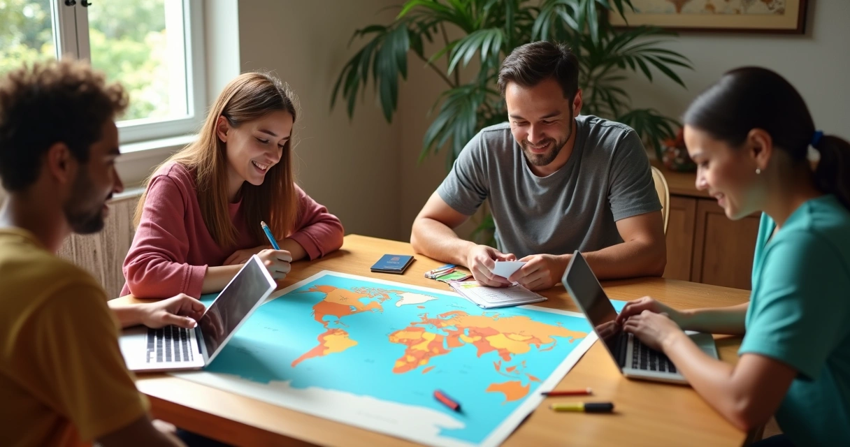 Família organizando documentos para mudança internacional sentada na mesa 