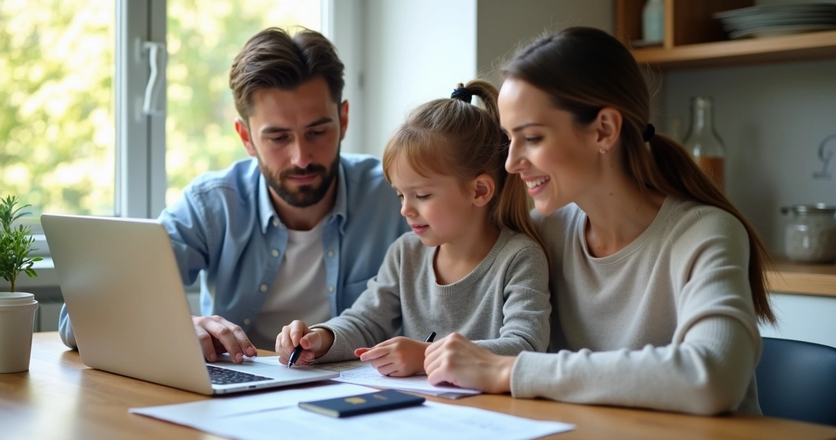 Família sentada ao redor da mesa planejando mudança de país em um notebook 