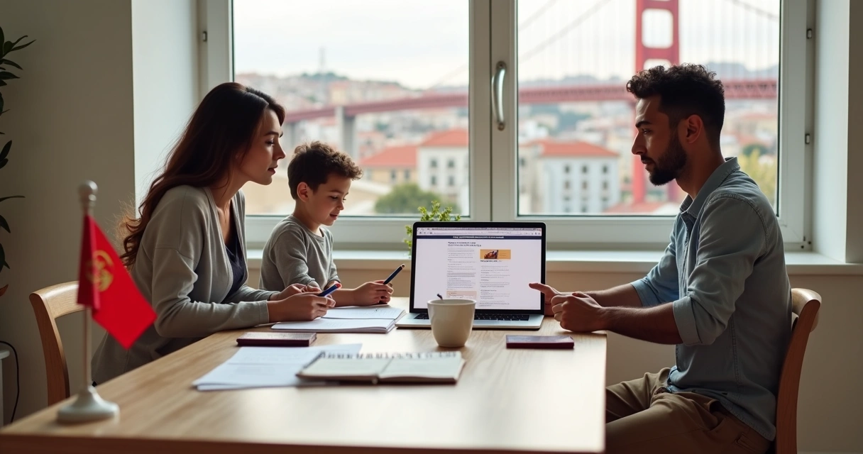 Família brasileira analisando vistos para morar em Portugal com passaporte e bandeira portuguesa 