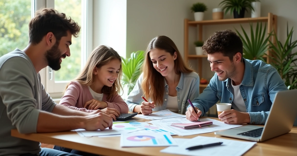 Família sentada ao redor de mesa com cadernos, calculadora e laptop planejando orçamento familiar 