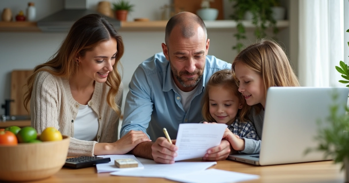 Família fazendo planejamento financeiro juntos na mesa 