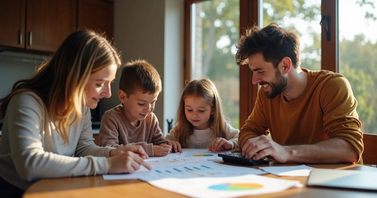 Família sentada à mesa planejando orçamento com papéis e notebook 