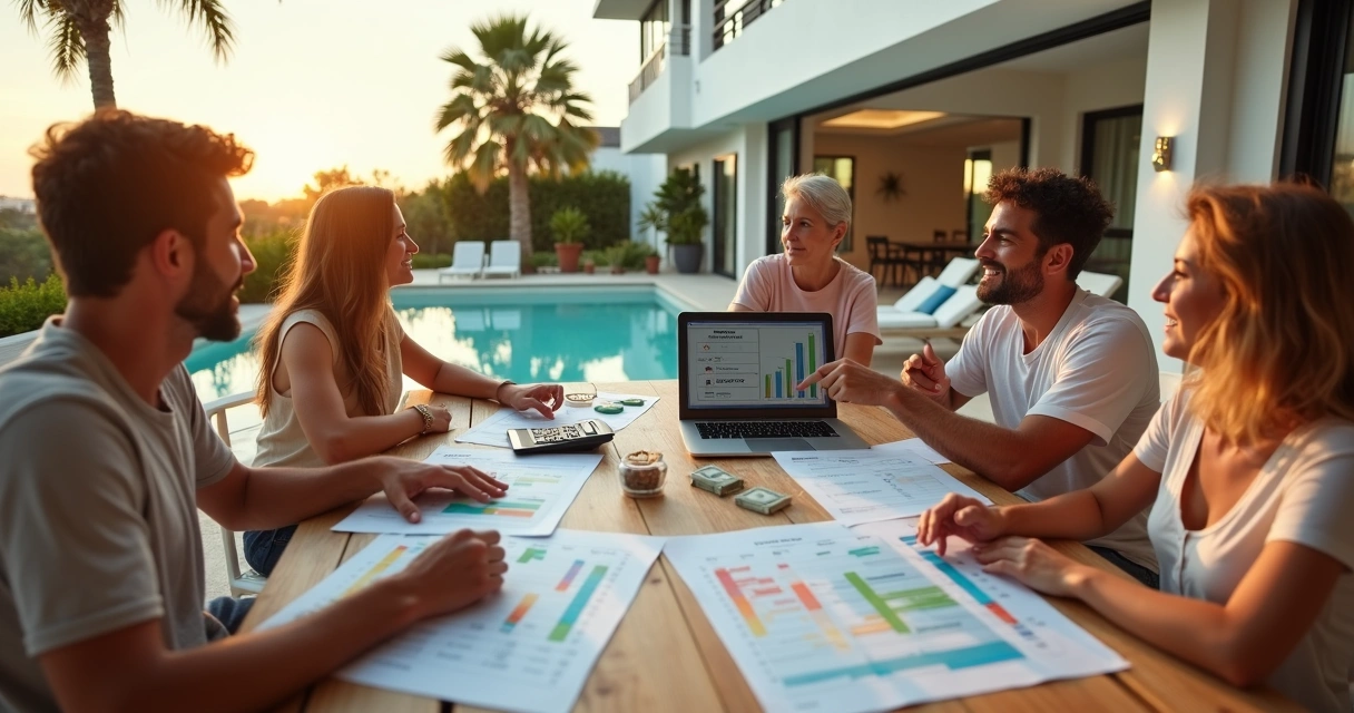 Família brasileira calculando orçamento de viagem em mesa com vista para casa de temporada em Orlando 