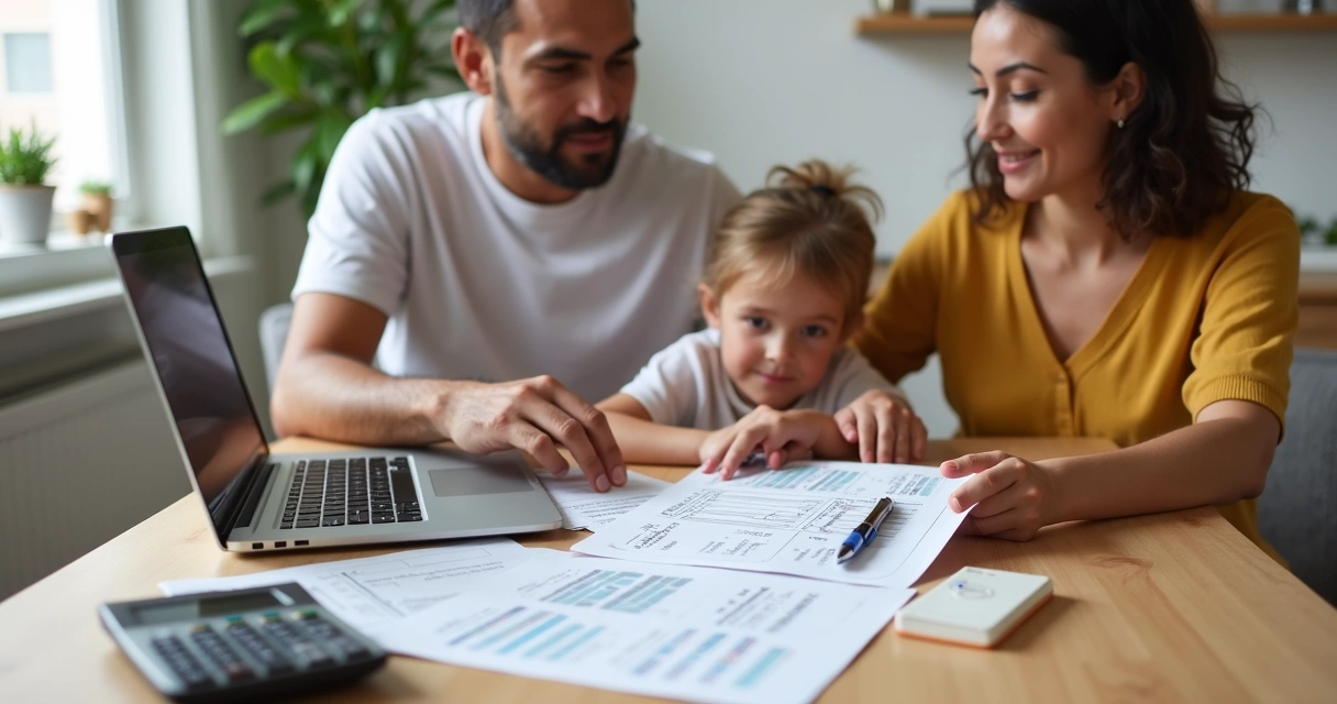 Família analisando financiamento da casa com calculadora e contrato na mesa 