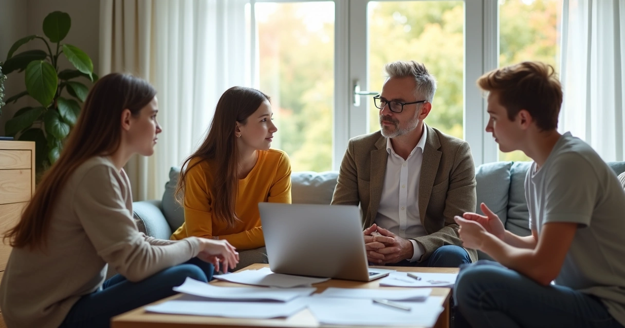 Família reunida em uma sala discutindo planejamento patrimonial 
