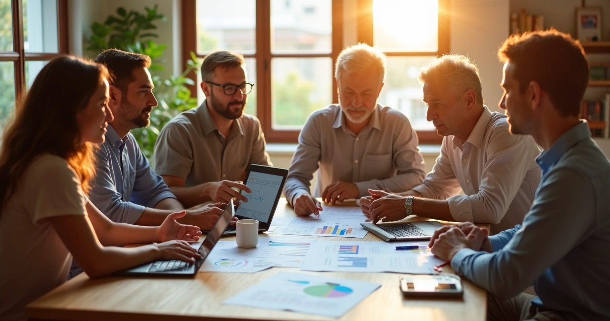 Família reunida analisando gráficos patrimoniais em mesa de madeira