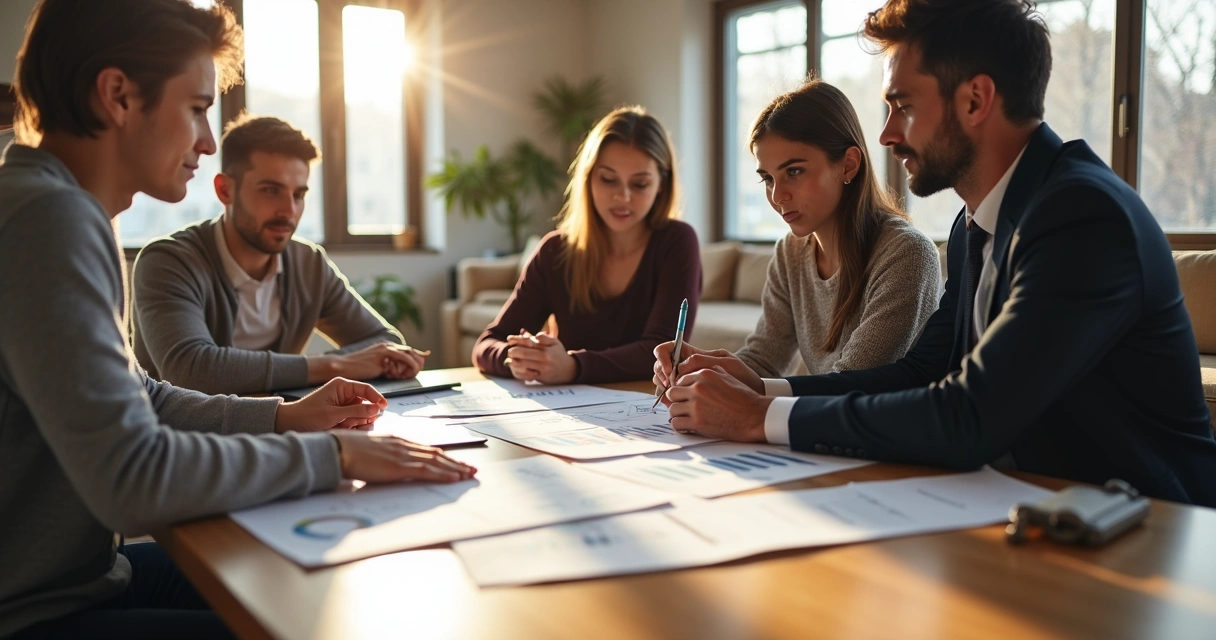 Família sentada ao redor de uma mesa analisando documentos de planejamento patrimonial 