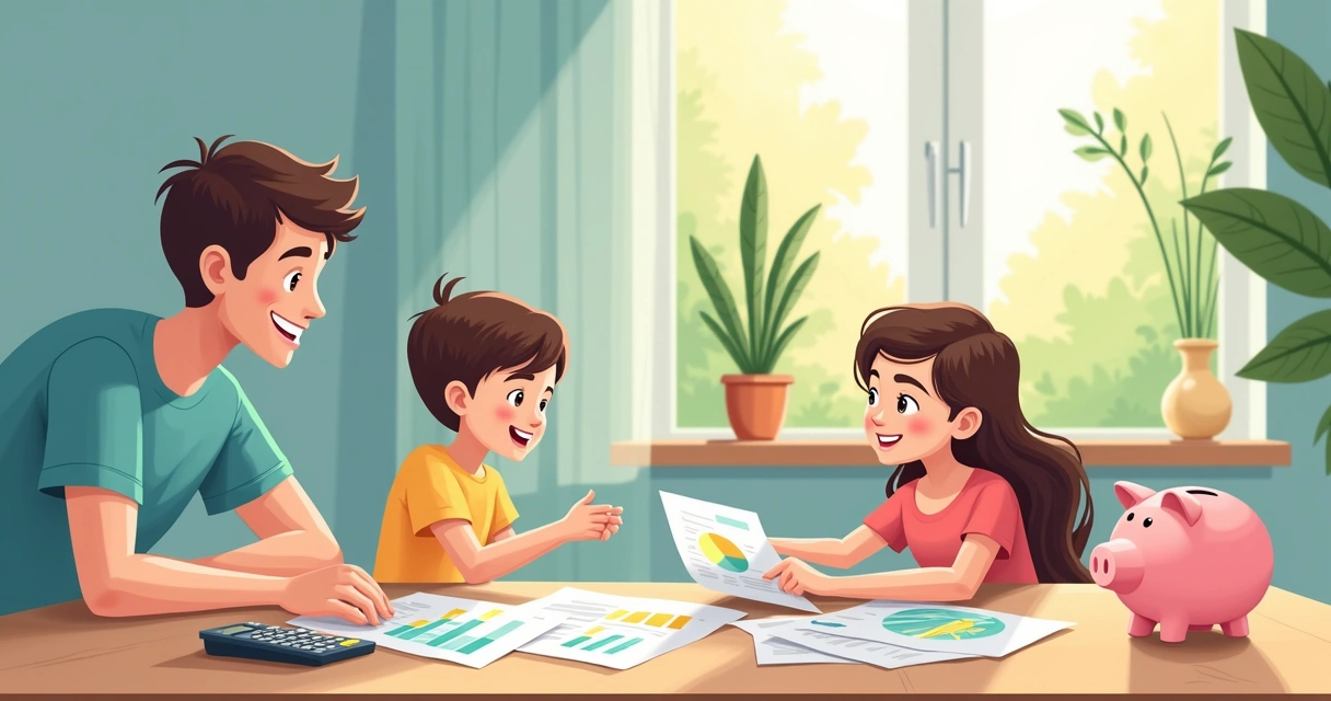 Família sorrindo ao redor de uma mesa analisando papéis de previdência privada 